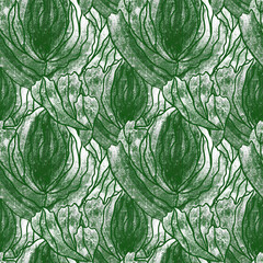 Seamless pattern with abstract floral arrangement in monochrome. The rich flower buds are framed by leaves of various shapes. Stock illustration.