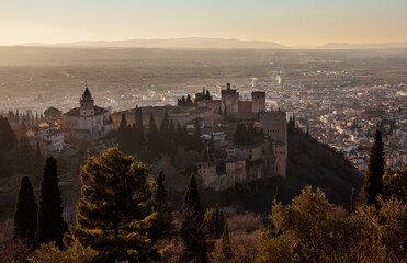 Fototapeta na wymiar Granada view of Alhambra palace at sunset Travel Destinations Spain