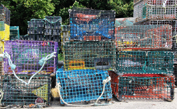 Crabbing cages stacked on the dock