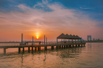sunset over the city or lake