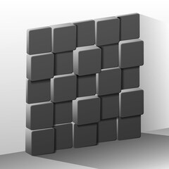 Realistic cubes on a light background. Vector illustration of square shapes of different thicknesses laid out near a light wall. A blank for creativity.