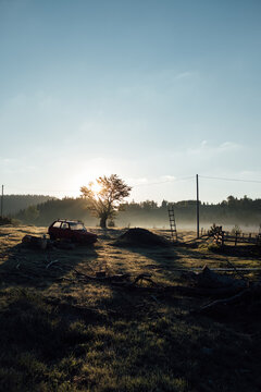 Sunlit Field With An Old Car In It
