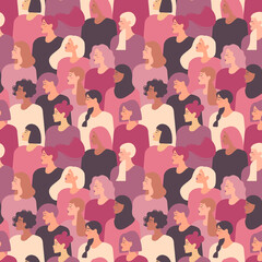 Female diverse faces of different ethnicity. Vector seamless drawing with women of different nationalities and cultures. Women's struggle for freedom, independence, equality.