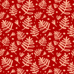 Red nuanced seamless pattern with doodle tropical leaves and dots. For textile wrapping paper and holiday decorations