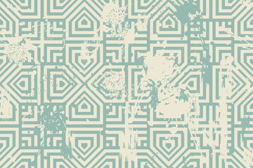 Fototapeta premium Abstract geometric seamless pattern with blots and an effect of attrition in retro colors. Vector shabby geometric carpet. Background for ceramic tile, wallpaper, linoleum, textile, rug, web page 