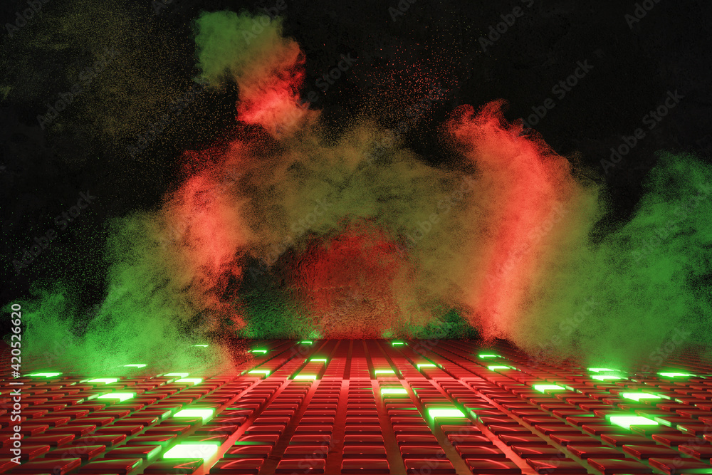 Poster 3d rendering of neon push button background with colorful smoke