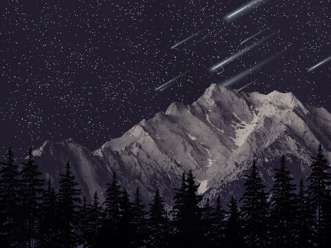 night landscape: mountains, starry sky and forest
