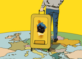 A funny black cat looks out of a torn hole in yellow paper. A suitcase and a young woman rolling it going across the map of Europe. Tourist travel, tourism, migration and emigration transport concept.