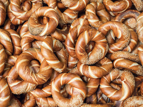 A pile og bagels in a market in Tel Aviv, Israel