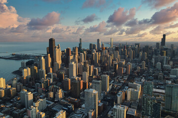 Chicago downtown aerial panorama view at sunset with skyscrapers and city skyline at Michigan lakefront with colorful cloud. - obrazy, fototapety, plakaty