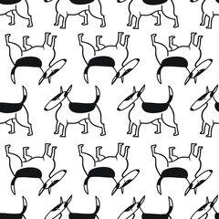 Bull terrier dogs seamless pattern. Background with pets character in doodle simple style. Vector illustration for fabric, textile, wrapping, other surfaces - 420529268