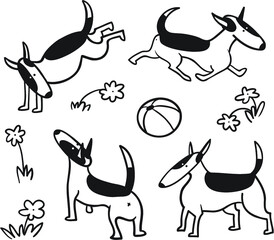 Cute dogs set. Bullterrier pet character in sketchy style. Vector illustration in doodle line art style with playful cheerful puppy
