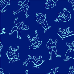 Background with man and woman working with mobile wireless laptop. Seamless pattern with people with pc in action. Vector illustration in sketchy doodle style - 420529439