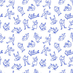 Background with man and woman working with mobile wireless laptop. Seamless pattern with people with pc in action. Vector illustration in sketchy doodle style