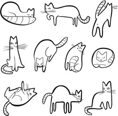 Setn with doodle cats. Collection with  playing kitten in incomlete cute sketchy style. Vector line art  illustration. Simple domestic pets.