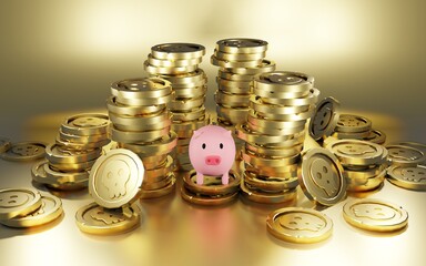 Piggy bank and gold coins. 3D Render.
