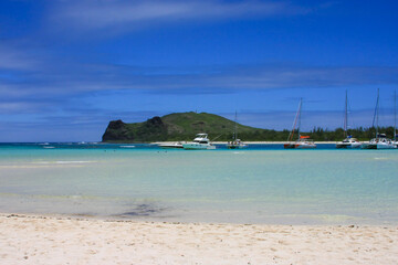 Beautiful beach with boats in Mauritius.