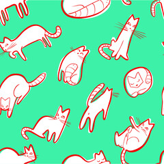 Seamless pattern with doodle cats. Background with  playing kitten in incomlete cute sketchy style. Vector line art  illustration for surface designs, wallpapers, textile and fabrics - 420529619