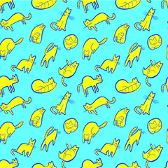 Seamless pattern with doodle cats. Background with  playing kitten in incomlete cute sketchy style. Vector line art  illustration for surface designs, wallpapers, textile and fabrics - 420529628