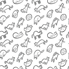 Seamless pattern with doodle cats. Background with  playing kitten in incomlete cute sketchy style. Vector line art  illustration for surface designs, wallpapers, textile and fabrics