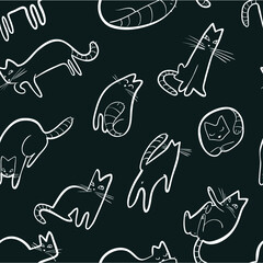 Seamless pattern with doodle cats. Background with  playing kitten in incomlete cute sketchy style. Vector line art  illustration for surface designs, wallpapers, textile and fabrics - 420529658
