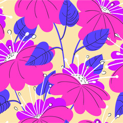Cute floral seamless pattern. Background with hand drawn flowers and plants. Colorful vector illustration for surface design, textile and fashion prints with blossom and leaves.