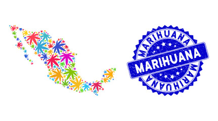 Bright colored Mexican mosaic map organized of Mexican marijuana items, and Marihuana textured badge.