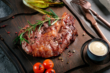 Grilled beef Rib Eye steak served on a wooden board with tomatoes and rosemary. Recipe for cooking...