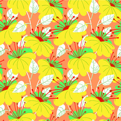 Cute floral seamless pattern. Background with hand drawn flowers and plants. Colorful vector illustration for surface design, textile and fashion prints with blossom and leaves.