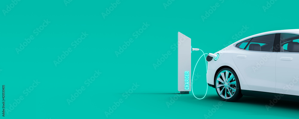 Wall mural white electric car connected to power station charger on green background 3d rendering, 3d illustrat