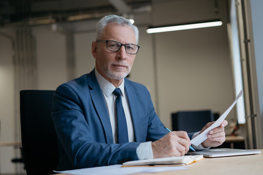 Handsome businessman holding paper documents working in modern office. Portrait of pensive senior manager wearing formal clothing looking at camera sitting at workplace. Successful business 