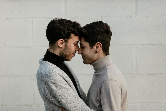 Portraits of a gay couple kissing