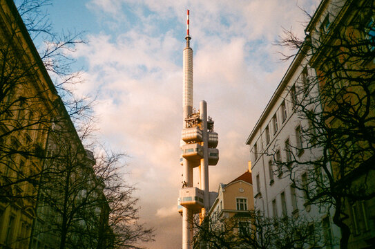 Zizkov TV tower in Prague during a sunny afternoon
