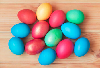 Fototapeta na wymiar Easter eggs on wooden table
