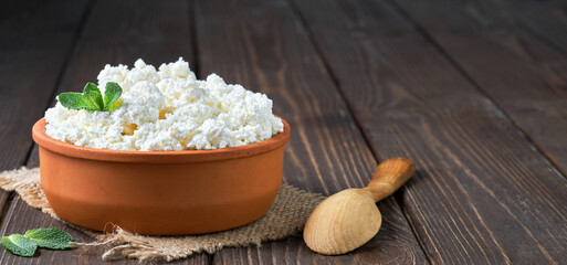 Cottage cheese in a traditional clay bowl, next to a wooden spoon, a dark wooden background. Close-up, selective focus. Soft curd natural healthy food, wholesome diet food