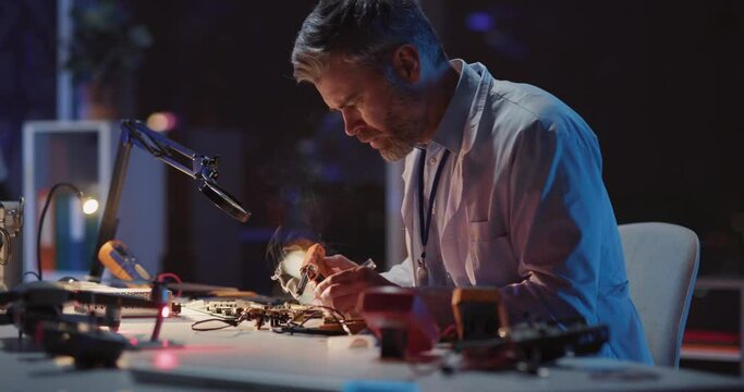 Bearded adult engineer in lab white coat sitting by desk soldering iron circuit board fixing drone device. Technical repair, research office. Engineering.