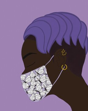 Black woman in medical mask with butterflies