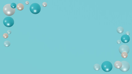 pearl-like blue bubbles floating minimal frame border corner on bright blue background, shiny blue pastel color balls frame backdrop, festive concept, 3d illustration
