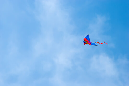 An air snake soaring against the background of a blue sky with small clouds.