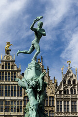 Fototapeta premium Guildhouses at the Grote Markt and Statue of Brabo and the giant's hand in Antwerp, Belgium