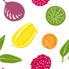 Seamless pattern with tropical fruits and leaves: lime, lychee, starfruit etc. Colorful cartoon collection of exotic fruits isolated on white background. Doodle hand drawn vector illustration
