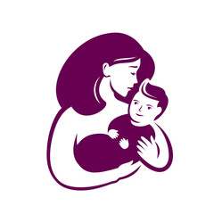 Mom hugs baby symbol. Motherhood logo vector illustration