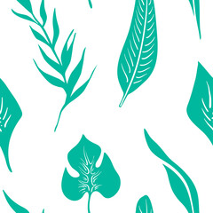 Seamless pattern with blue tropical leaves and flowers. Colorful cartoon collection of exotic fruits isolated on white background. Doodle hand drawn vector illustration