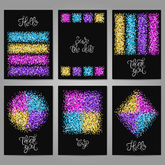 Collection of 6 card templates with multicolored glitter. Layout for banners, posters, flyers, covers and invitations. Trendy design.