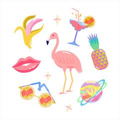 Summer design elements set. Flamingo, pineapple, cocktail, lips, citrus sunglasses, banana, summer planet with rings. Positive trendy summertime collection good for t-shirt, sticker, tote bag, textile