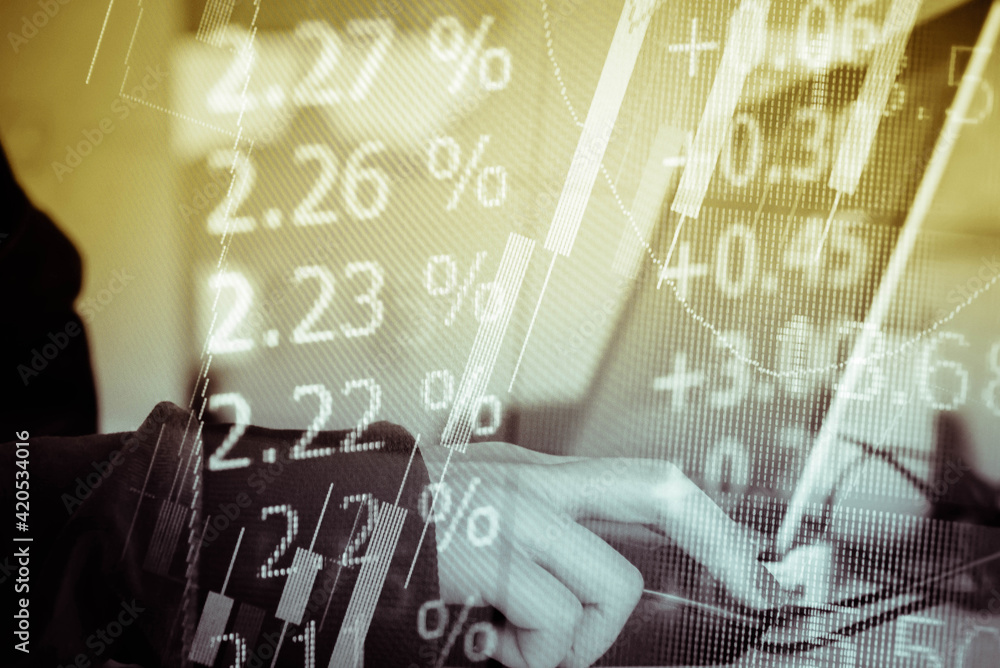 Poster charts of financial instruments with various type of indicators including volume analysis for profes
