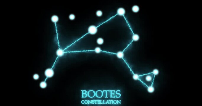 Bootes constellation. Light rays, laser light shining blue color. Stars in the night sky. Cluster of stars and galaxies. Horizontal composition, 4k video quality