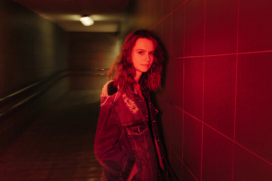 night portrait of real young woman