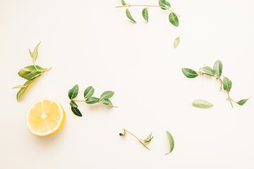 Lemon . Ripe lemons and lemon leaves on white background. Top view 