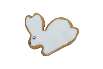 Gingerbread cookie in shape of bunny isolated on a white background